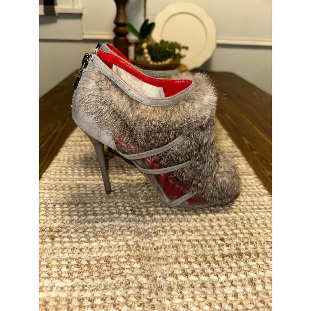 Charles Jourdan Paris Gray Rabbit Fur Mesh Peep Toe Stiletto Booties Heels 8